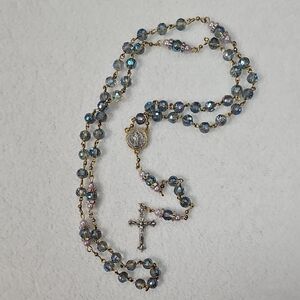 Gold-Tone Blue Crystal Rosary Necklace with Crucifix